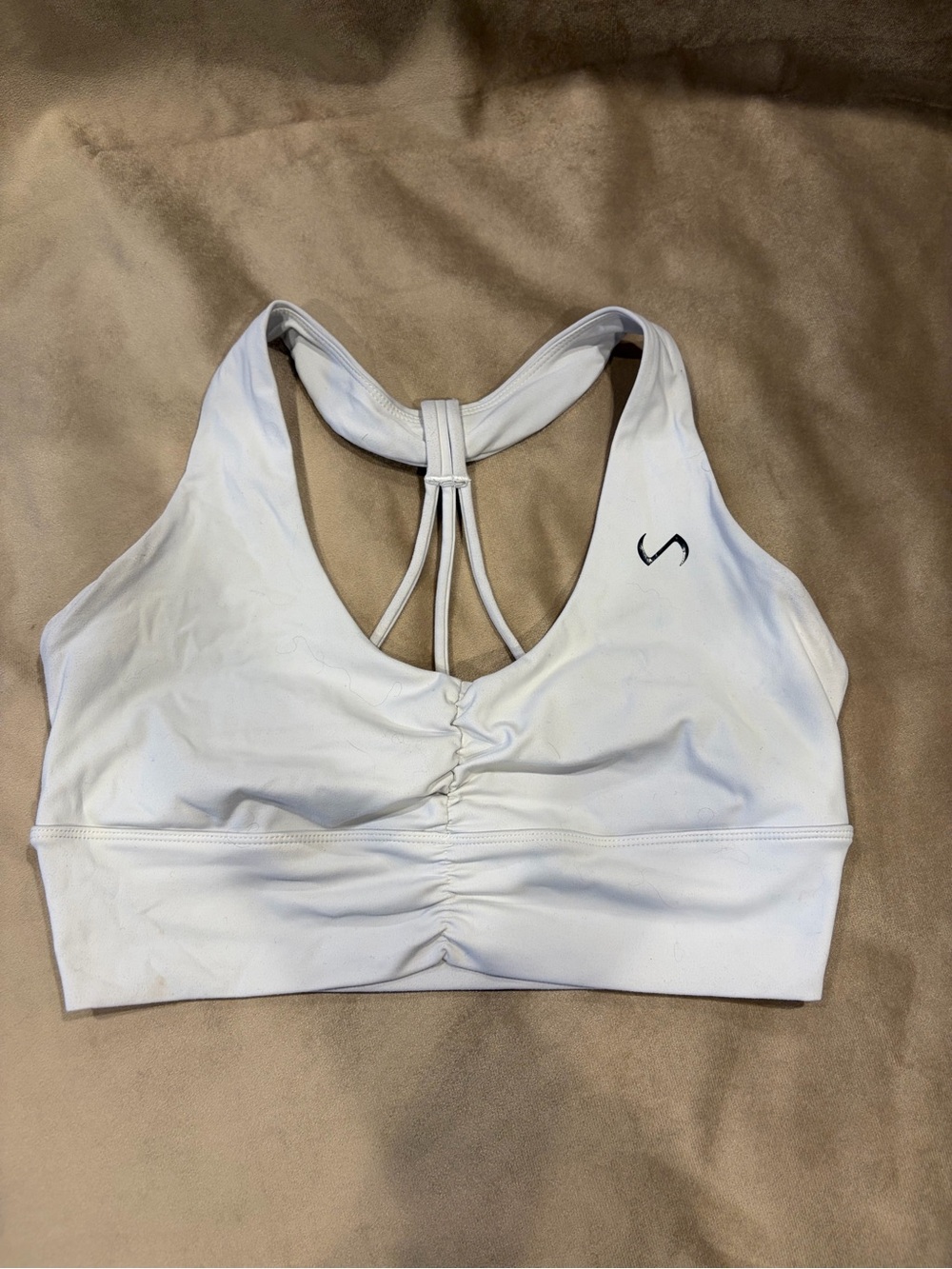 White Racerback Sports Bra with Ruched Front and Strappy Back